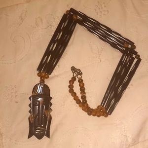 African Wood Tribal Mask Beaded Necklace 20"